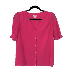 J. Crew Bright Pink Short Sleeve Ruffle Button Up Blouse Women’s size XS